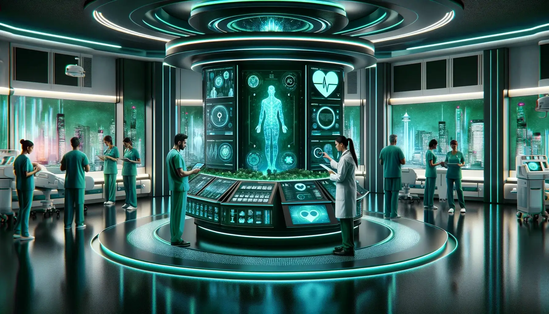 Futuristic medical room with people discussing AI ethical issues and inductive bias in machine learning