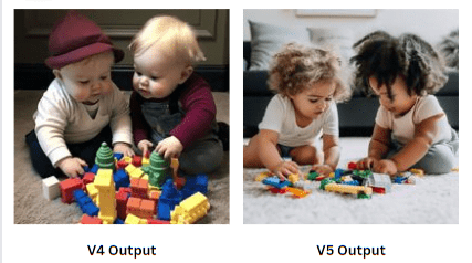 Midjourney v5 showcases the delightful sight of two children engrossed in play, building and exploring with blocks.
