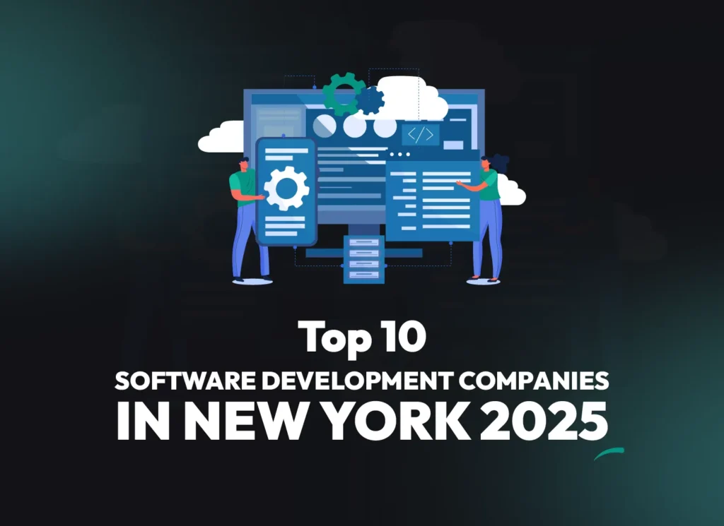Illustration of software developers working on digital platforms, highlighting the Top 10 Software Development Companies in New York for 2025.