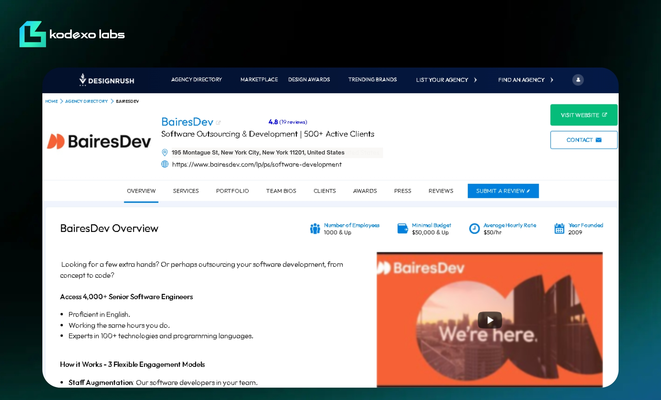 BairesDev DesignRush profile showing top software outsourcing company in New York with services and team video