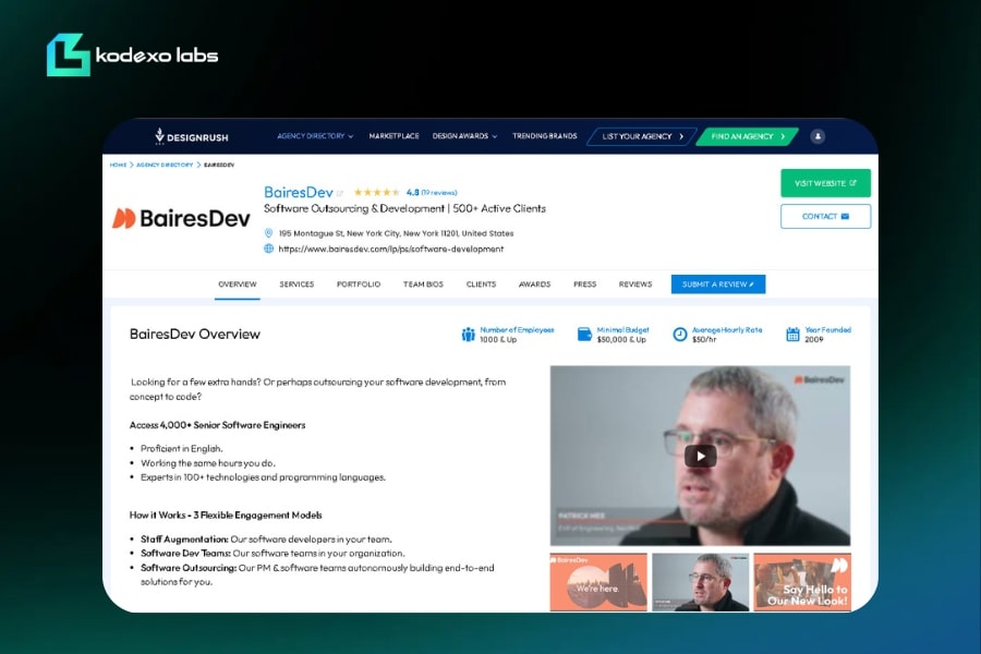 BairesDev’s DesignRush profile highlighting software outsourcing services, team model, and executive insights.
