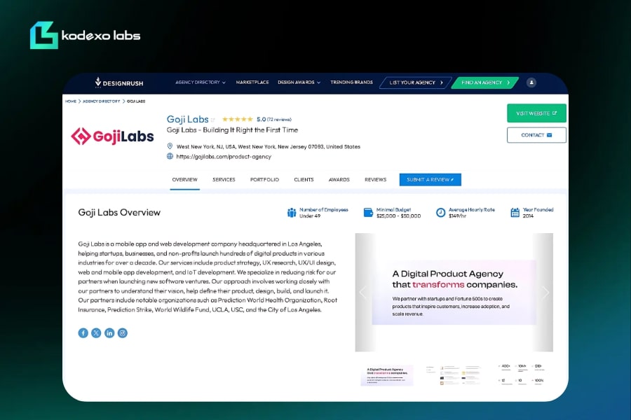 Goji Labs’ DesignRush profile showing mobile app development services, agency overview, and high client ratings.