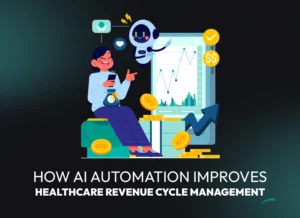 Illustration of AI automating healthcare revenue cycle management with real-time data, billing charts, and financial insights for medical organizations.