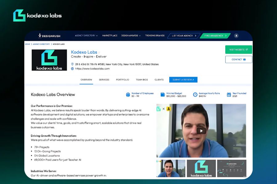 Kodexo Labs DesignRush agency profile page showcasing company details, team overview, and client testimonials.