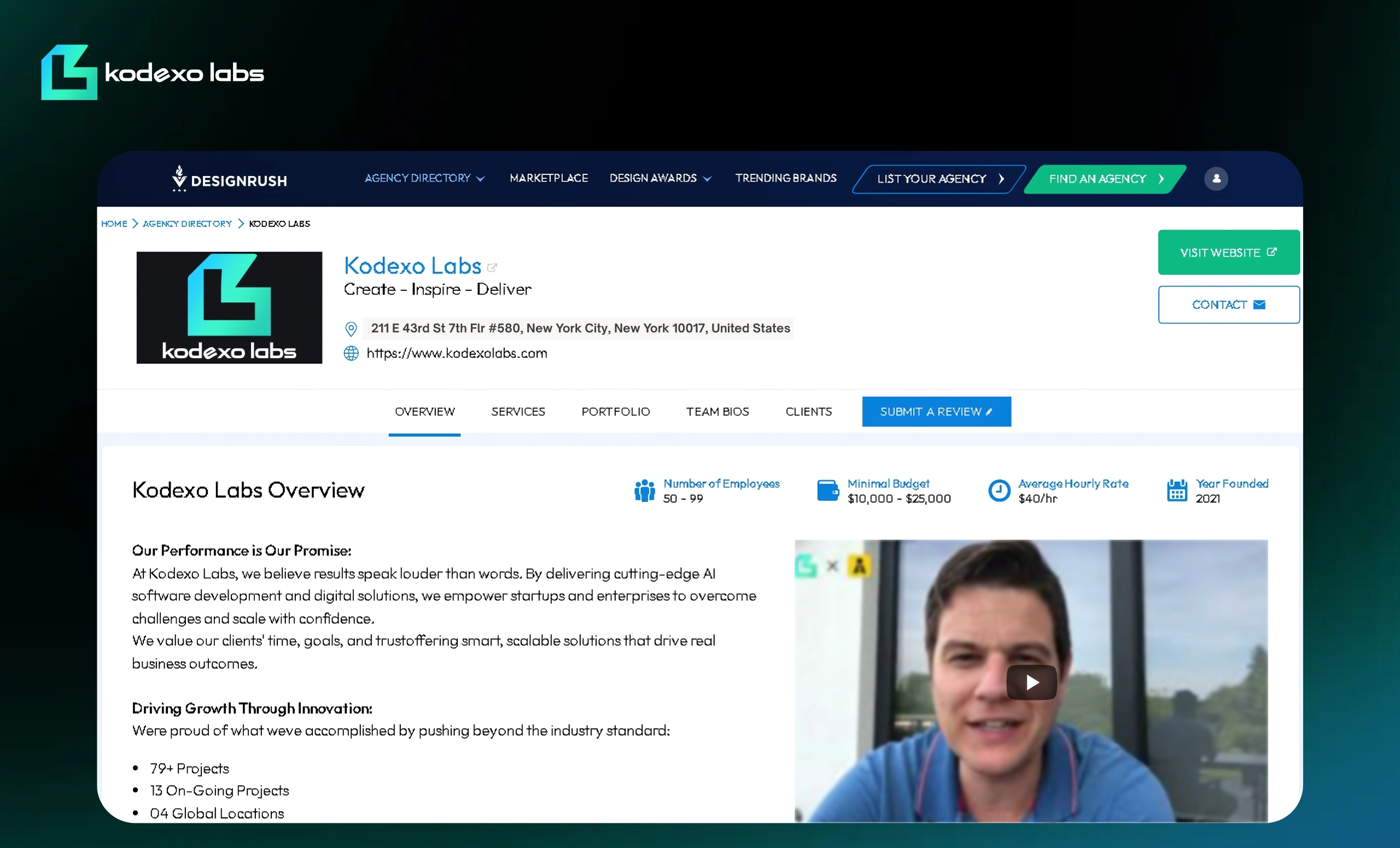 Kodexo Labs agency profile on DesignRush showcasing top offshore software development company in New York