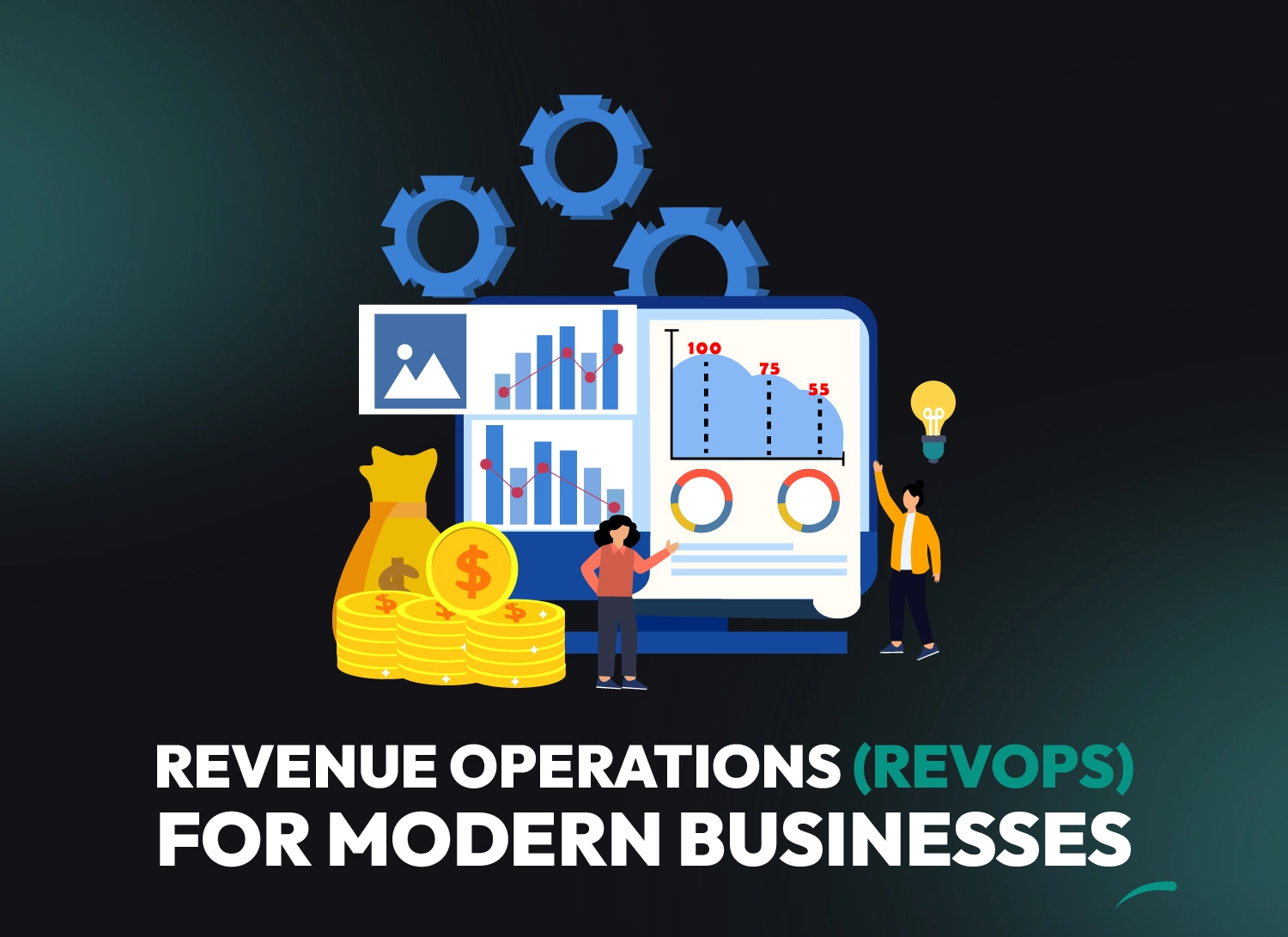 Illustration showing revenue operations strategy with data analytics, business automation, and financial performance insights.