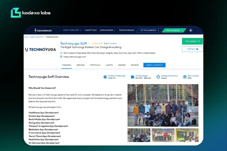 Technoyuga Soft DesignRush profile featuring development services, company team photo, and software specialization.