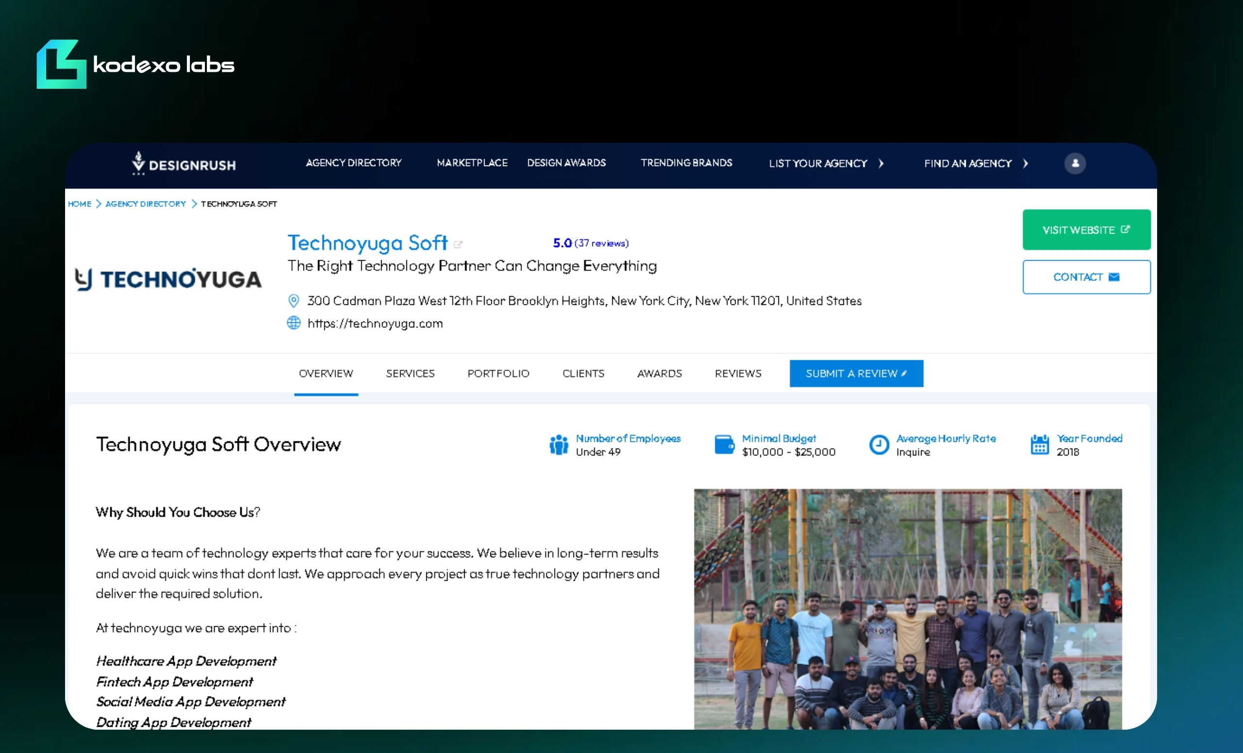 Technoyuga Soft DesignRush profile highlighting app development services for healthcare, fintech, and social platforms