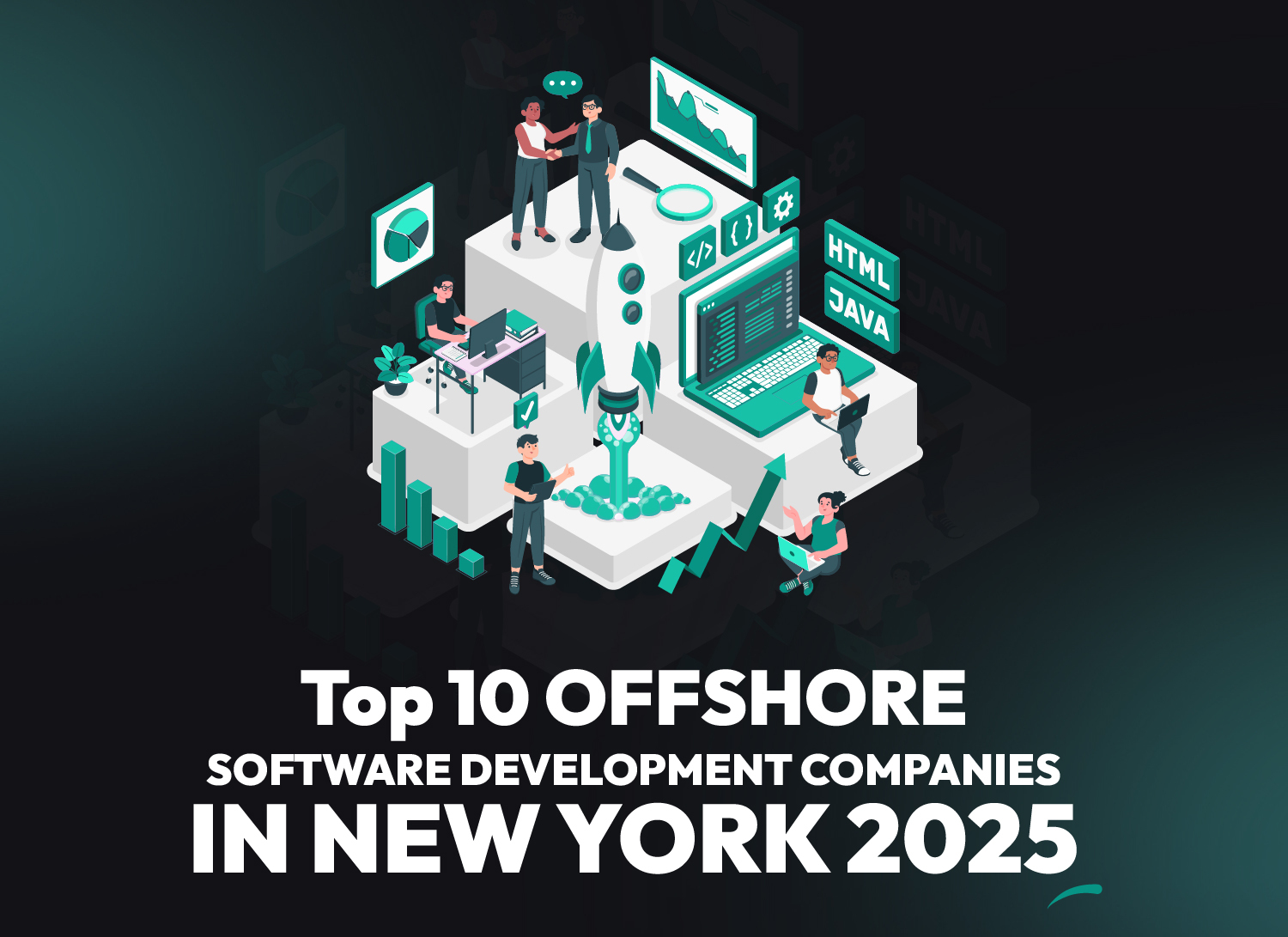 Illustrated cover image featuring developers, rocket launch, and programming icons for top offshore software companies in New York 2025.