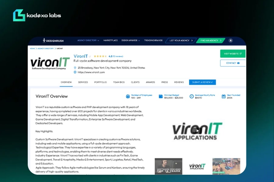 VironIT’s DesignRush listing featuring company overview, development services, and project expertise.
