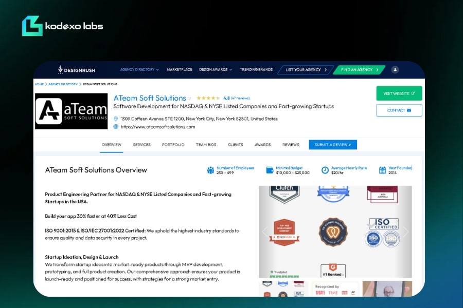 ATeam Soft Solutions’ DesignRush profile featuring certifications, services, and software development offerings.