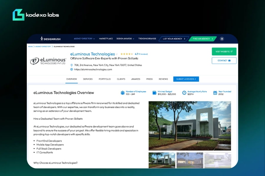 eLuminous Technologies DesignRush agency profile showing development services, employee count, and modern office facilities.