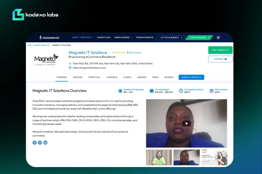 Magneto IT Solutions DesignRush profile showcasing digital commerce expertise, client services, and video introduction.