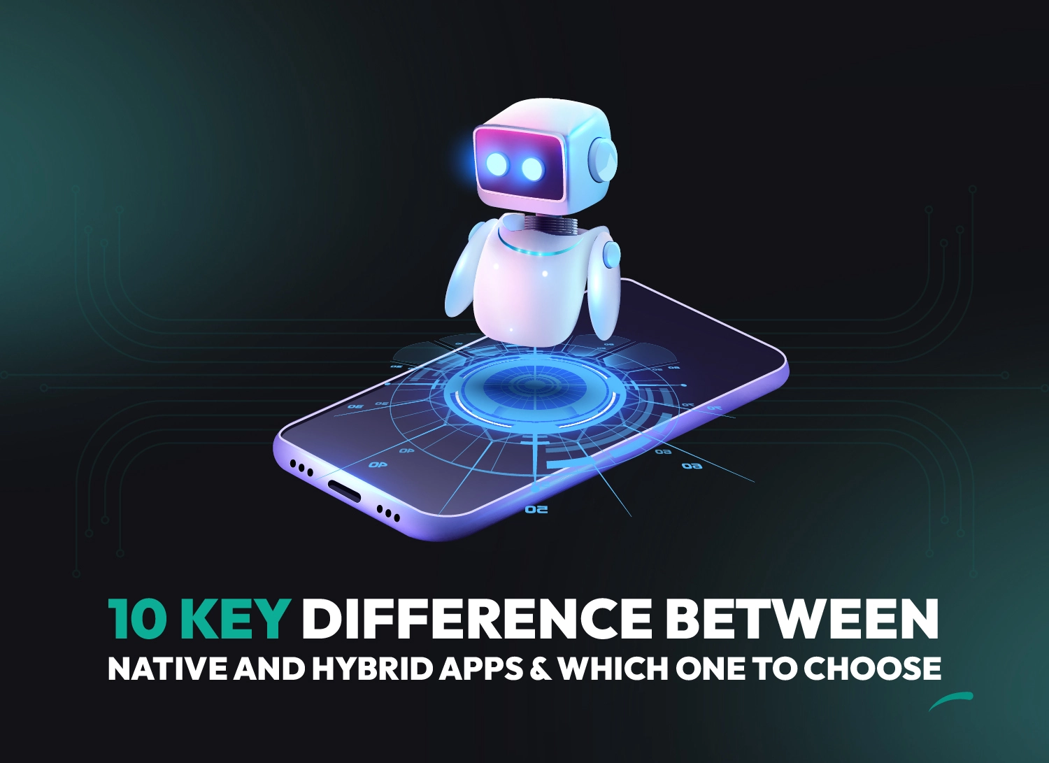 A 3D robot on a smartphone screen symbolizing native vs hybrid app development comparison.