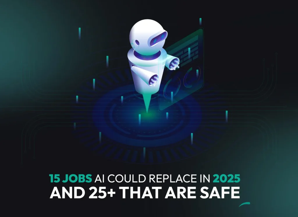 A futuristic AI robot illustration hovering over digital job data, representing the automation of human roles in the workforce due to artificial intelligence advancements in 2025.