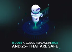 A futuristic AI robot illustration hovering over digital job data, representing the automation of human roles in the workforce due to artificial intelligence advancements in 2025.