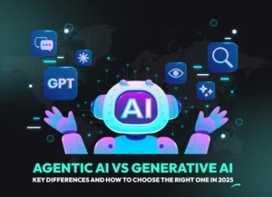 Illustration showing the key differences between Agentic AI and Generative AI with visual representations of key technologies.