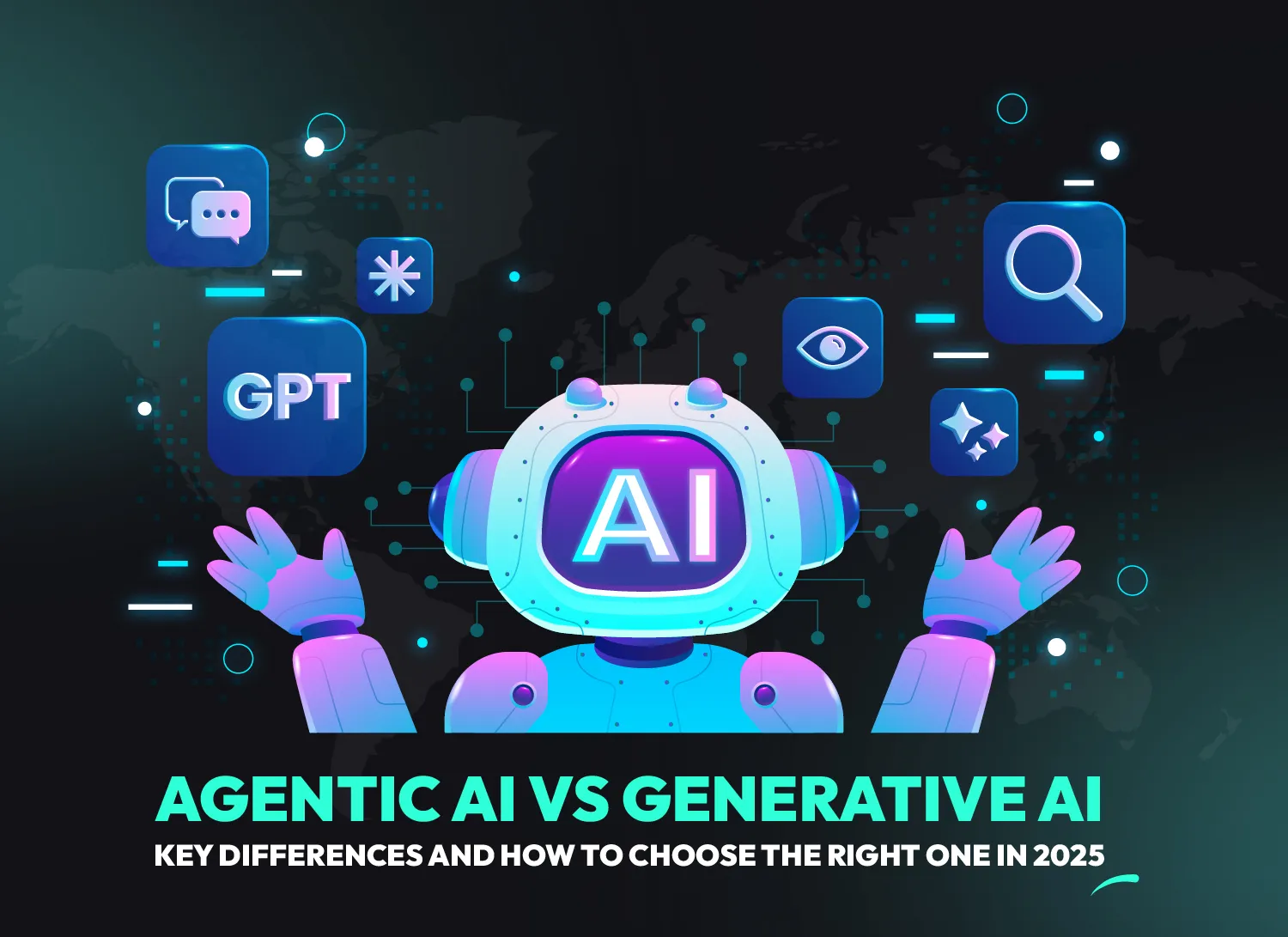 Illustration showing the key differences between Agentic AI and Generative AI with visual representations of key technologies.