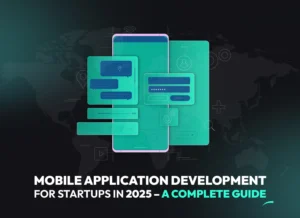 Illustration of a mobile app interface with UI components representing mobile application development tools, platforms and design features tailored for startups.