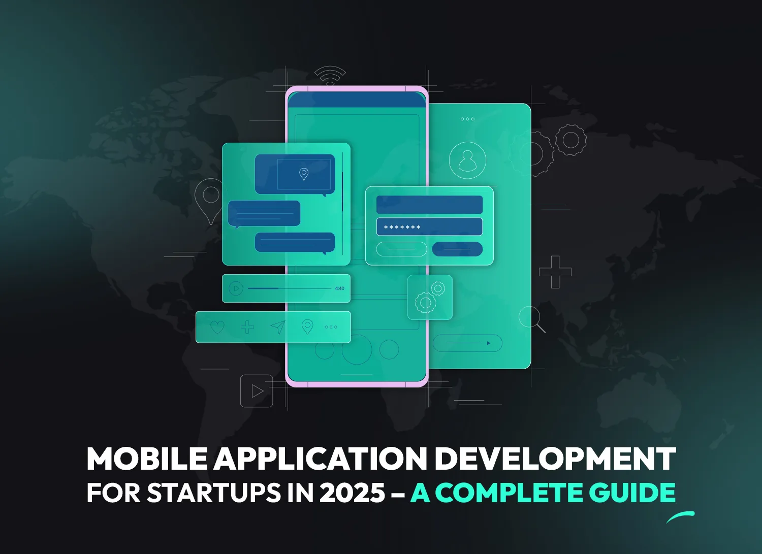 Illustration of a mobile app interface with UI components representing mobile application development tools, platforms and design features tailored for startups.