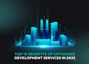 Futuristic cityscape symbolizing offshore software development services and global tech collaboration.