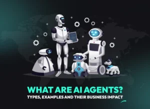 Illustration of various AI agents, including chatbots, humanoid robots and learning systems, highlighting their types, real-world applications and measurable business impact in 2025.