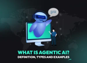 Illustration of a virtual AI agent emerging from a computer screen and interacting with a human, representing the concept of agentic AI.