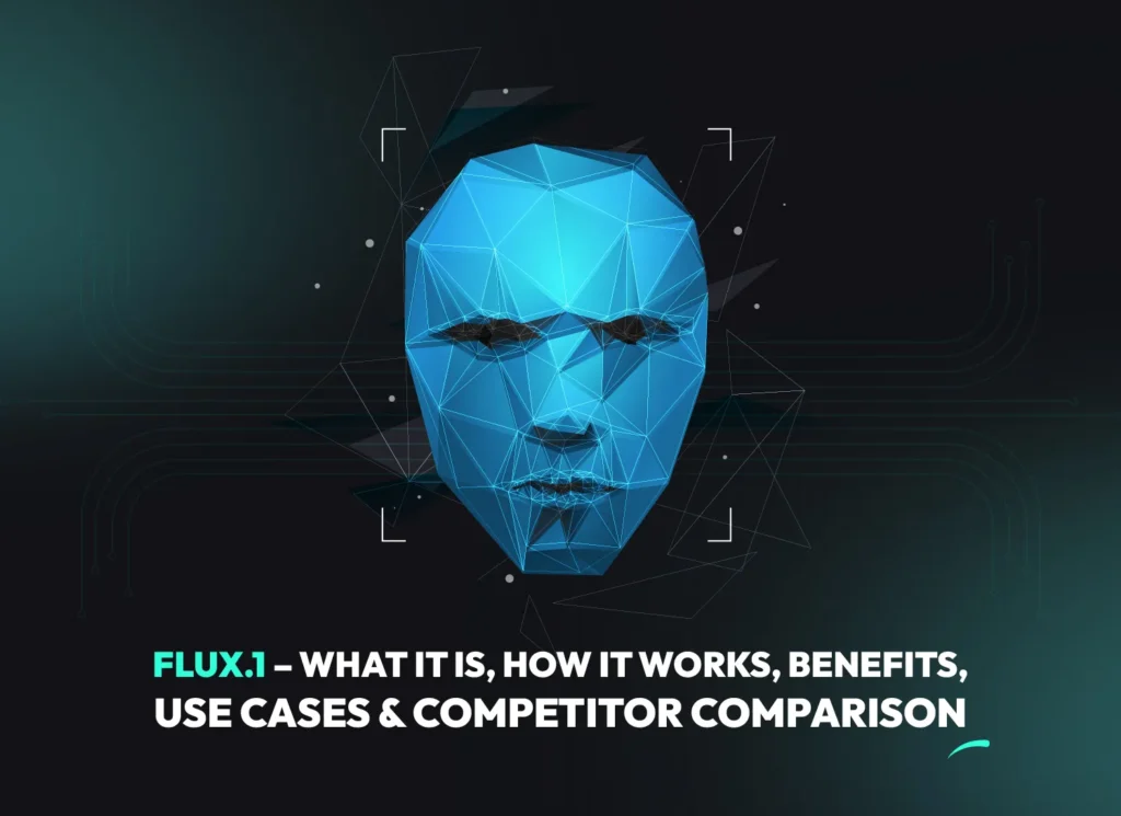 Blue AI-generated polygonal face representing FLUX.1, an advanced enterprise-grade AI image generator model by Black Forest Labs