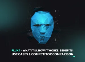Blue AI-generated polygonal face representing FLUX.1, an advanced enterprise-grade AI image generator model by Black Forest Labs