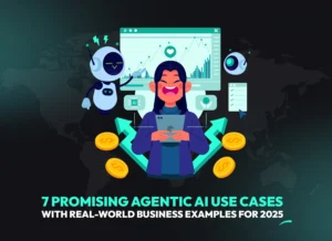 A smiling businesswoman interacts with an AI dashboard surrounded by AI robots, charts, coins and analytics, symbolizing agentic AI use cases across industries like healthcare, sales and retail in 2025.