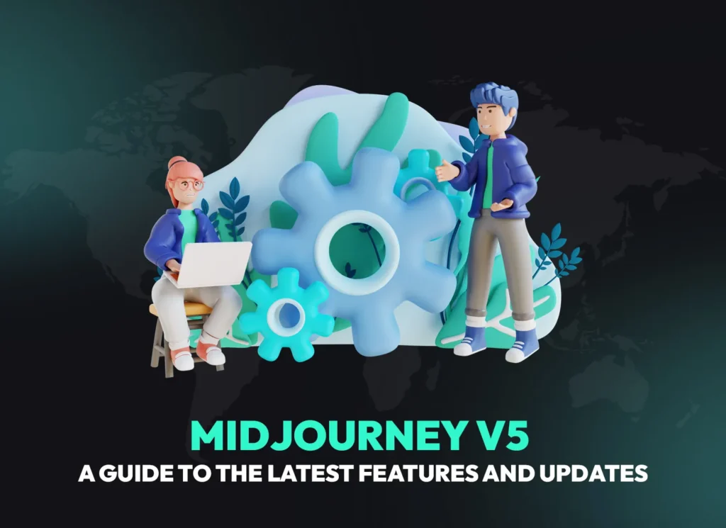 Two animated 3D characters discussing MidJourney V5 AI features, showing creative collaboration and gears representing new MidJourney V5 updates and prompt improvements.