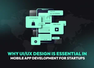 Mobile app UI/UX design for startups showing app screens and elements.