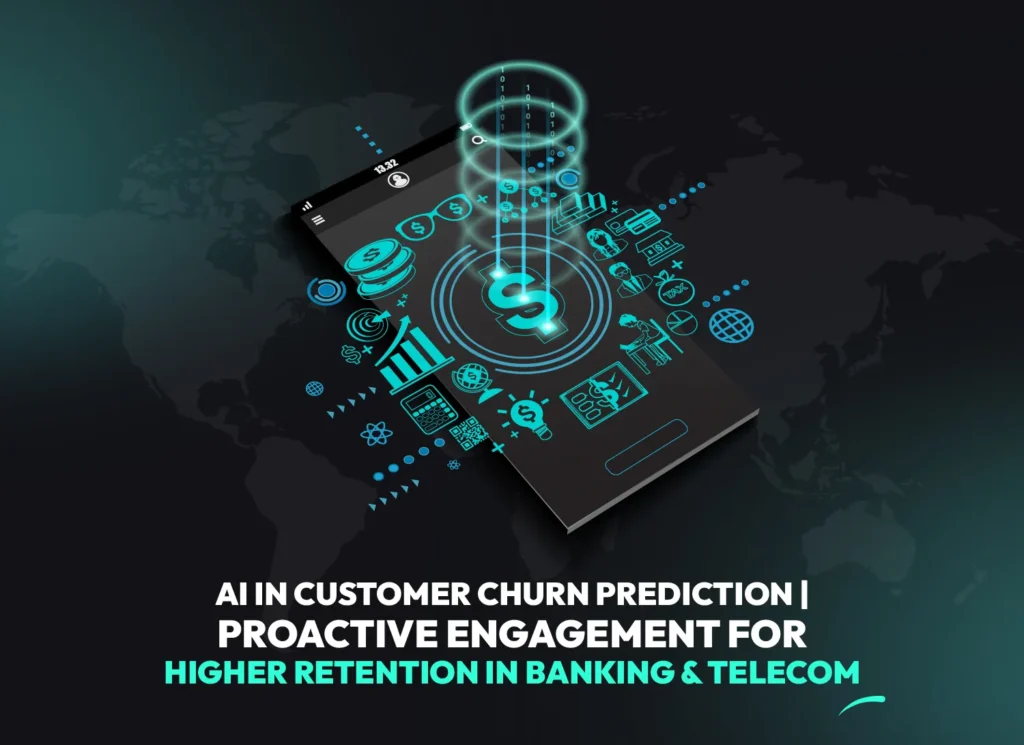 Illustration of AI in customer churn prediction showing digital banking and telecom data on a smartphone.