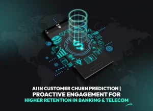 Illustration of AI in customer churn prediction showing digital banking and telecom data on a smartphone.