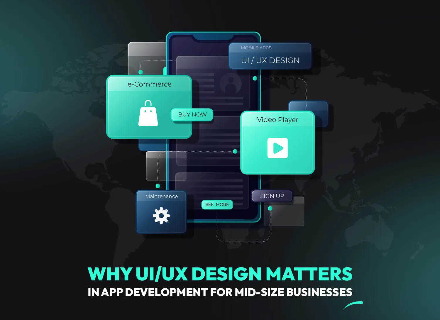 UI/UX design for mobile apps illustrating business-focused app development features