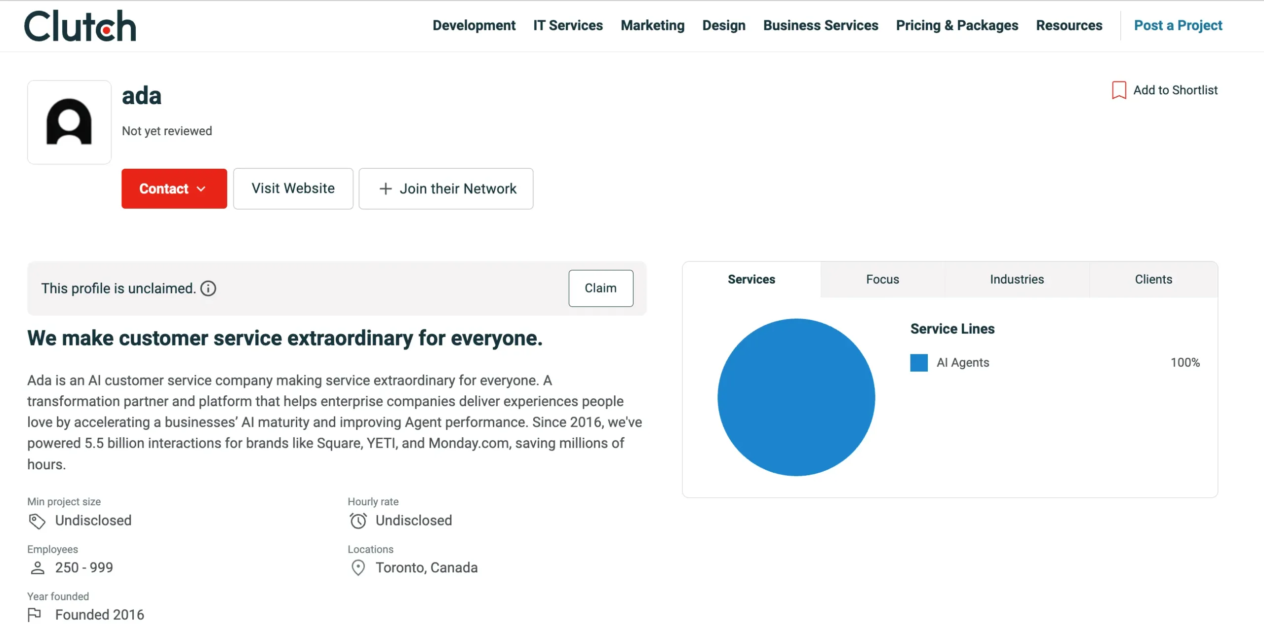 Ada Clutch profile showcasing AI-powered customer service automation platform