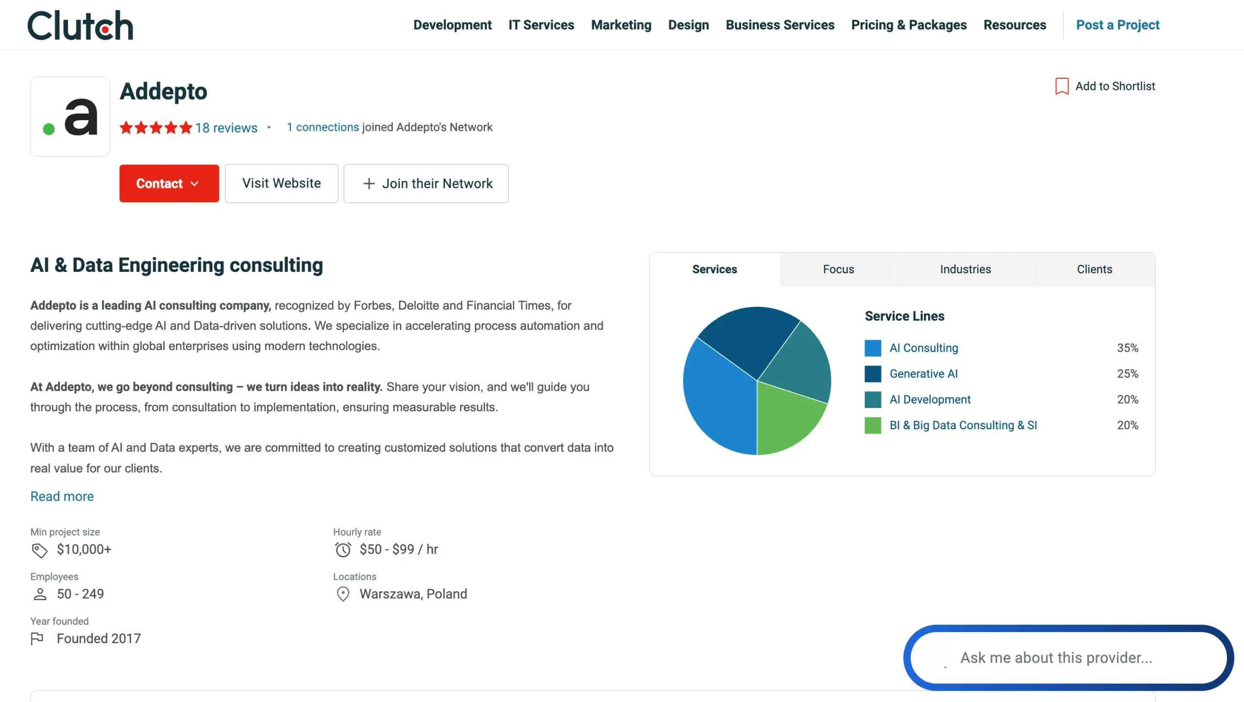 Addepto Clutch profile featuring AI consulting and data engineering integration for enterprise automation and analytics solutions