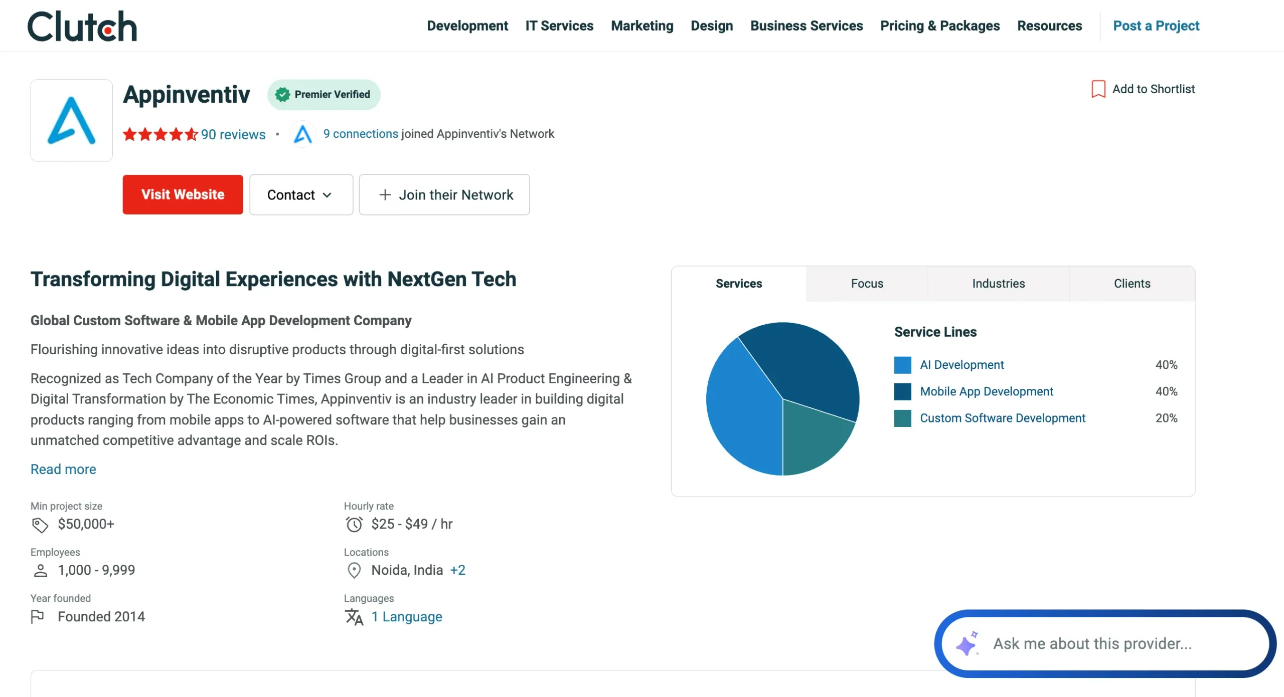 Appinventiv Clutch profile highlighting AI development and digital product engineering services