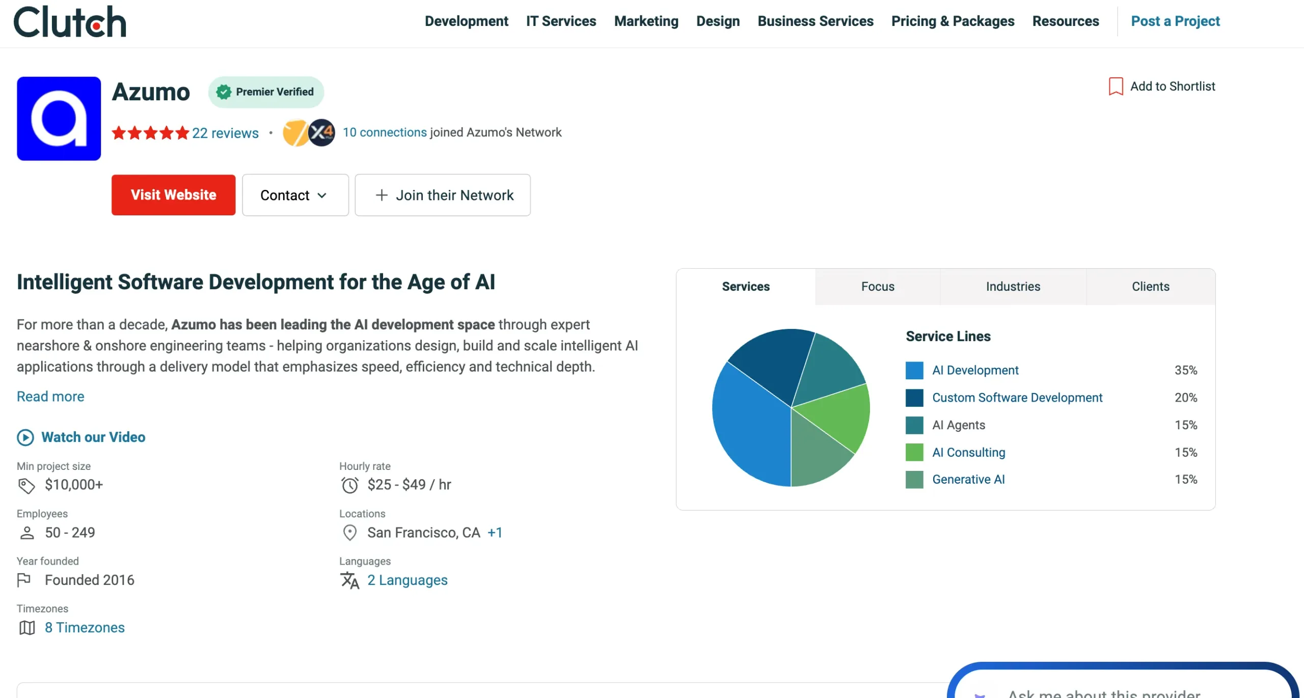 Azumo Clutch profile showcasing nearshore AI development and generative AI application services