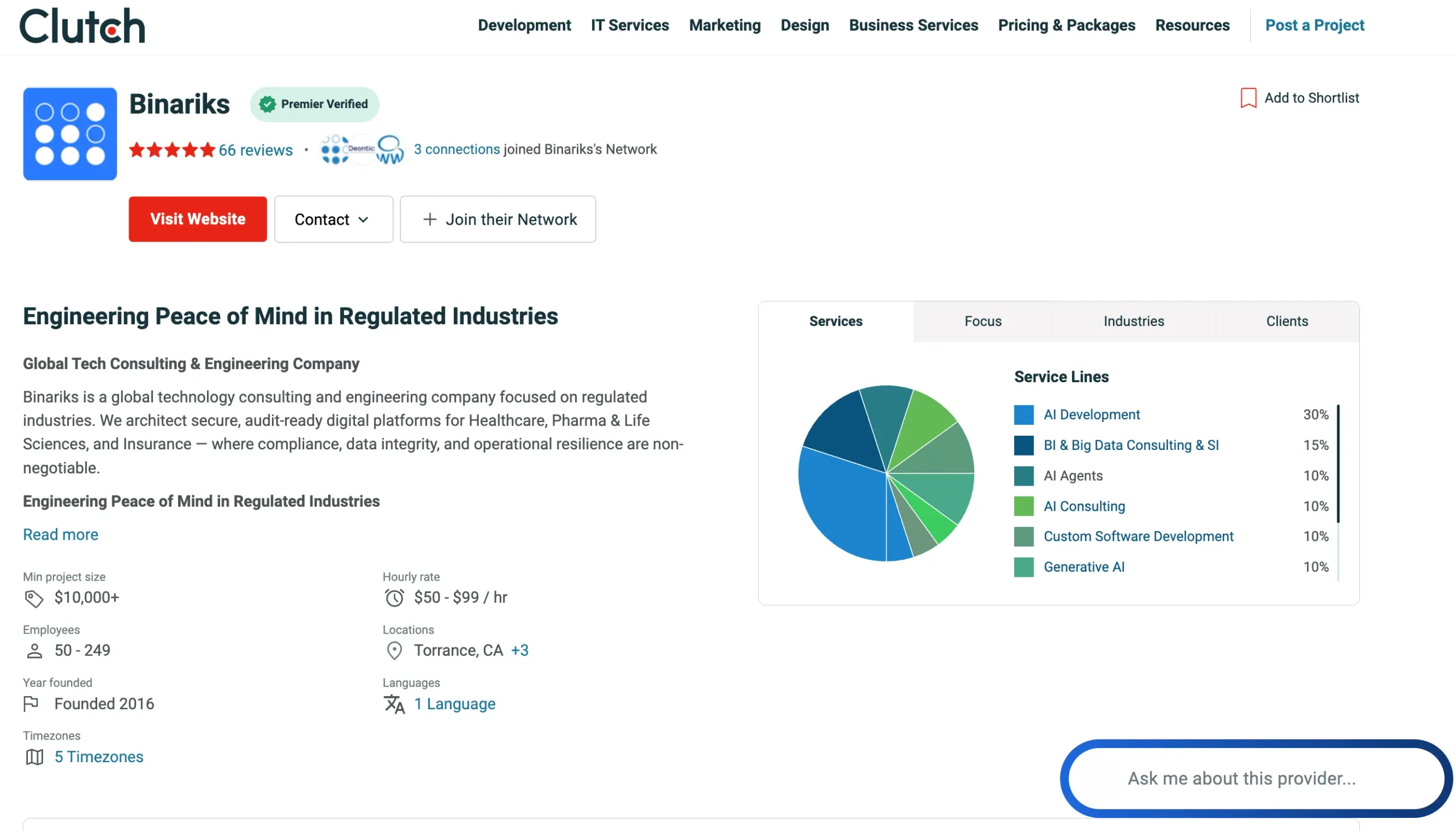 Binariks Clutch profile showcasing AI integration, data engineering, and generative AI solutions for enterprises