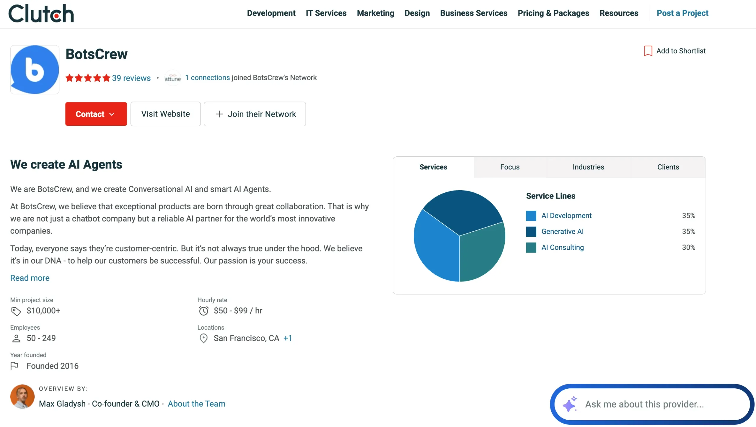 BotsCrew Clutch profile showcasing conversational AI, chatbot development, and AI agent solutions