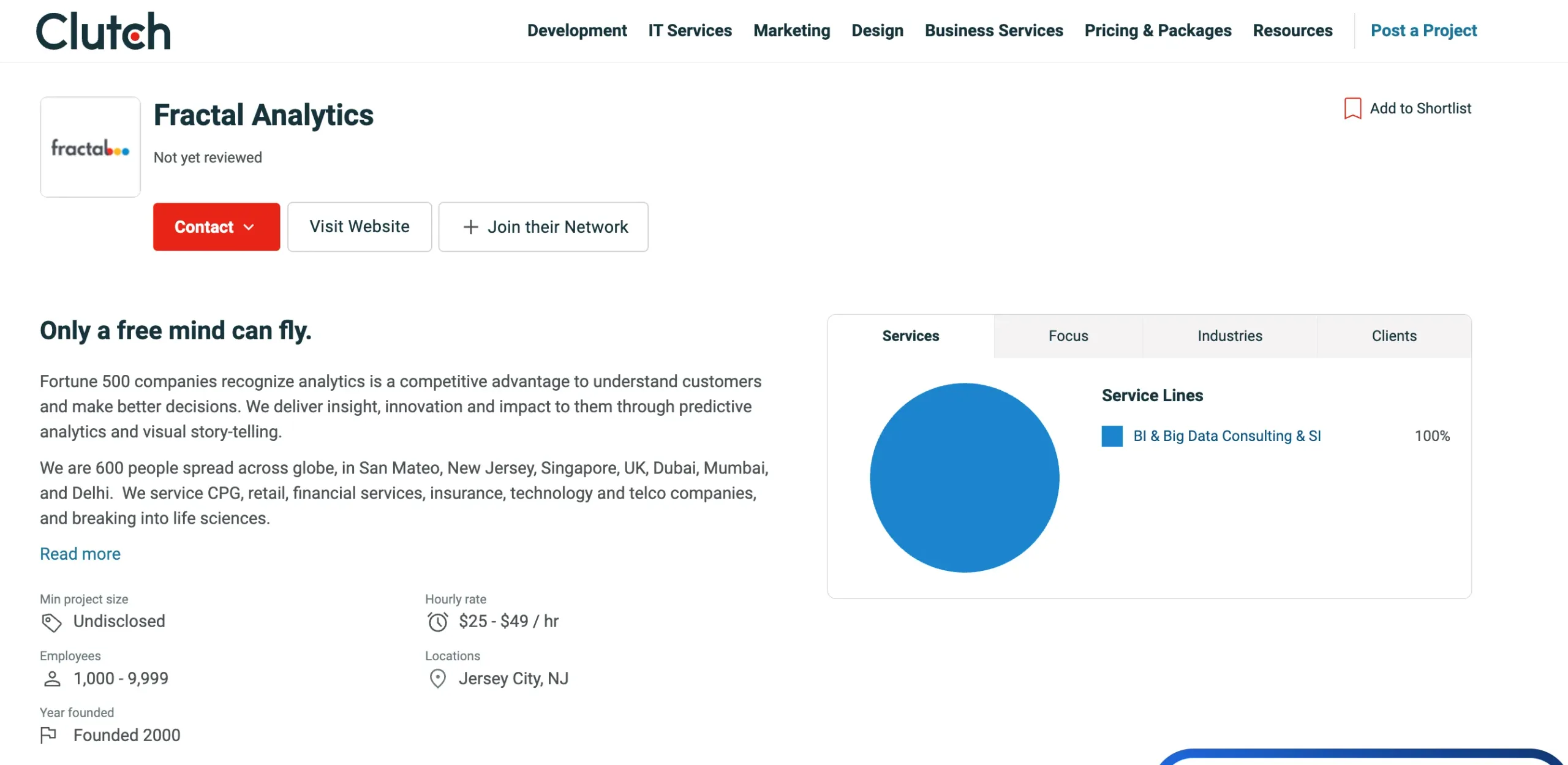 Fractal Analytics Clutch profile showcasing AI integration, big data analytics, and enterprise decision intelligence solutions