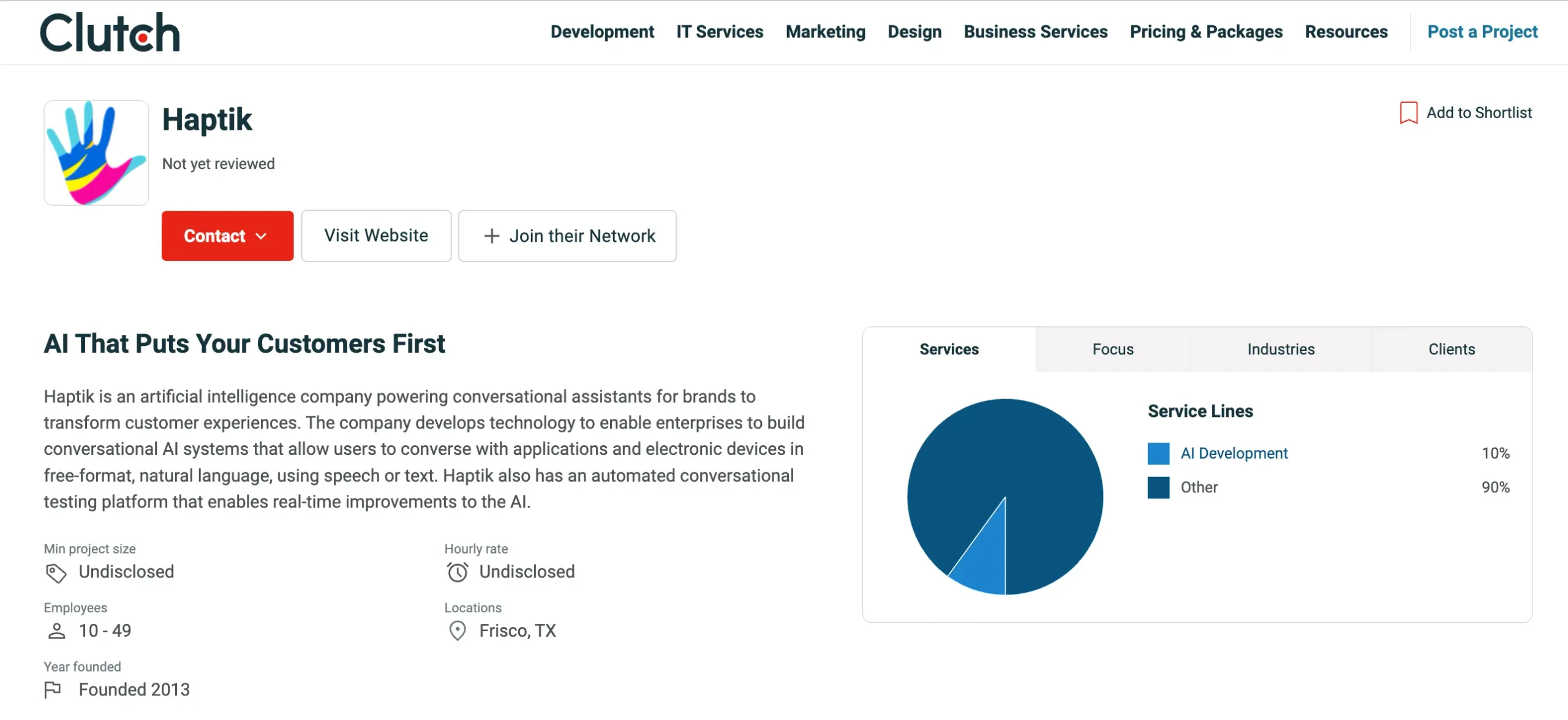 Haptik Clutch profile highlighting conversational AI solutions for customer engagement