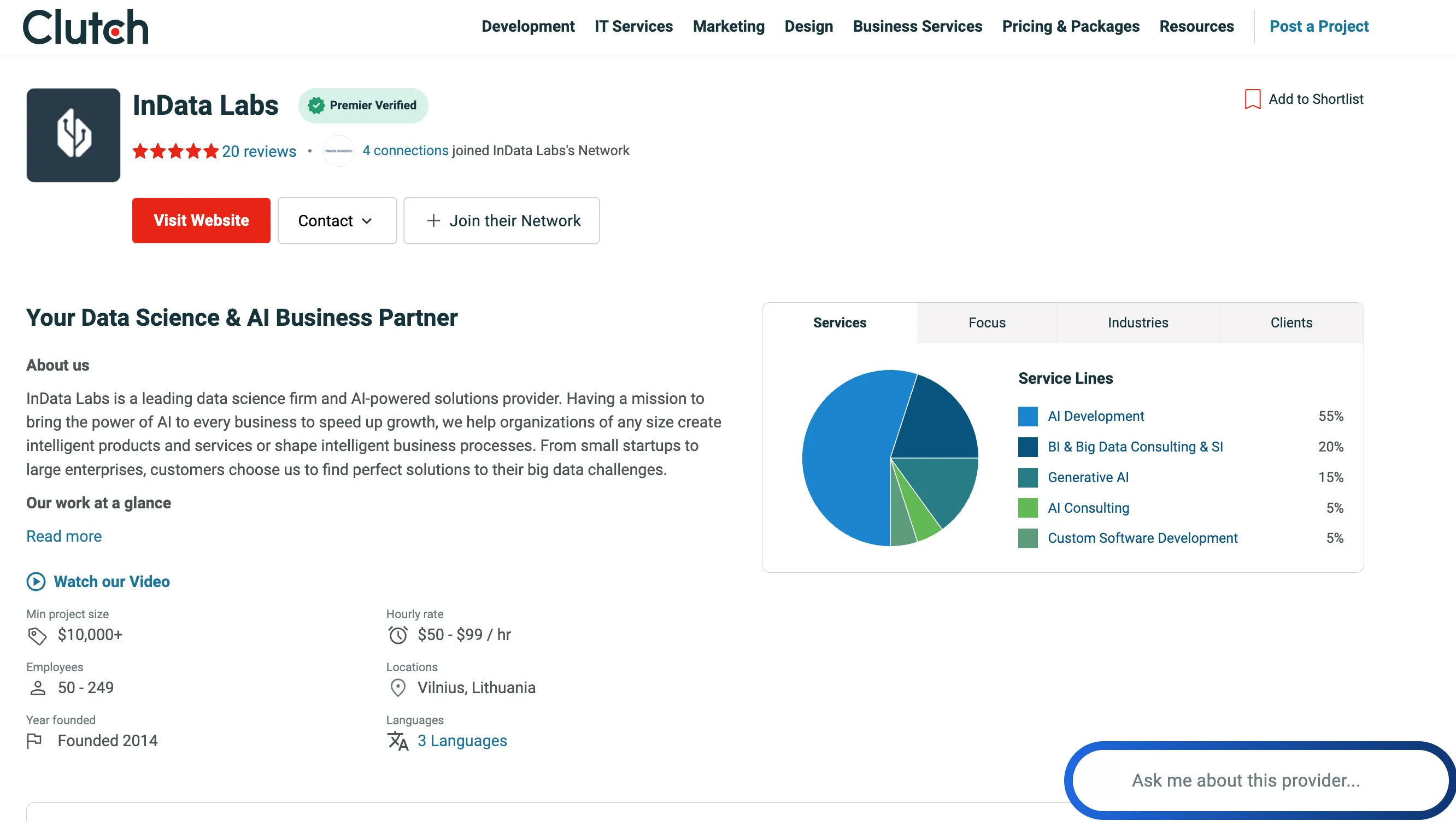 InData Labs Clutch profile showcasing data science, big data, and generative AI development services