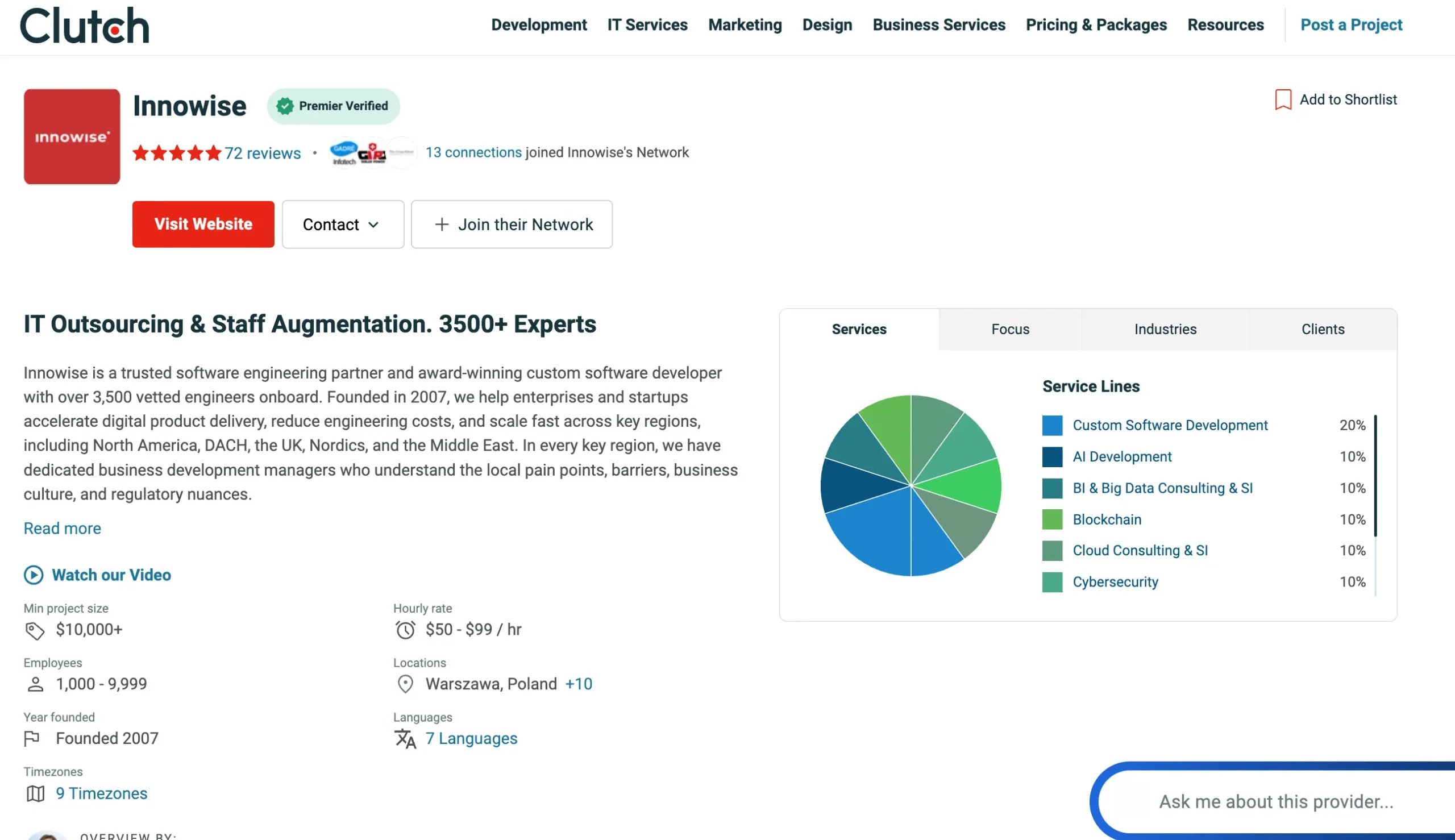 Innowise Clutch profile showcasing large-scale AI development services and dedicated engineering teams for generative AI projects