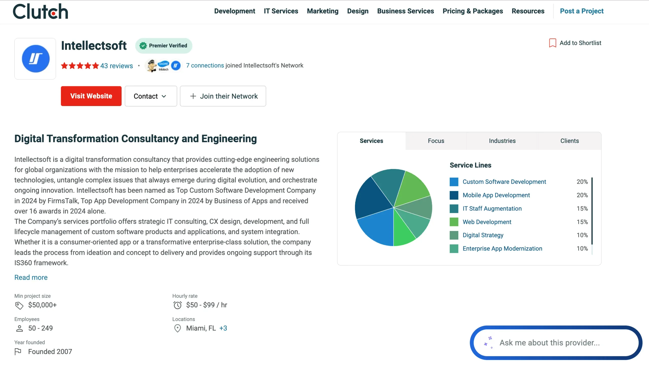 Intellectsoft Clutch profile showcasing enterprise AI integration, digital transformation, and system modernization services
