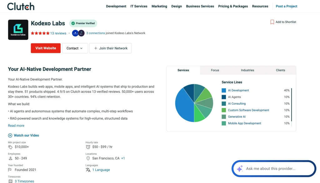Kodexo Labs Clutch profile showing generative AI development services, client reviews, and AI agent capabilities