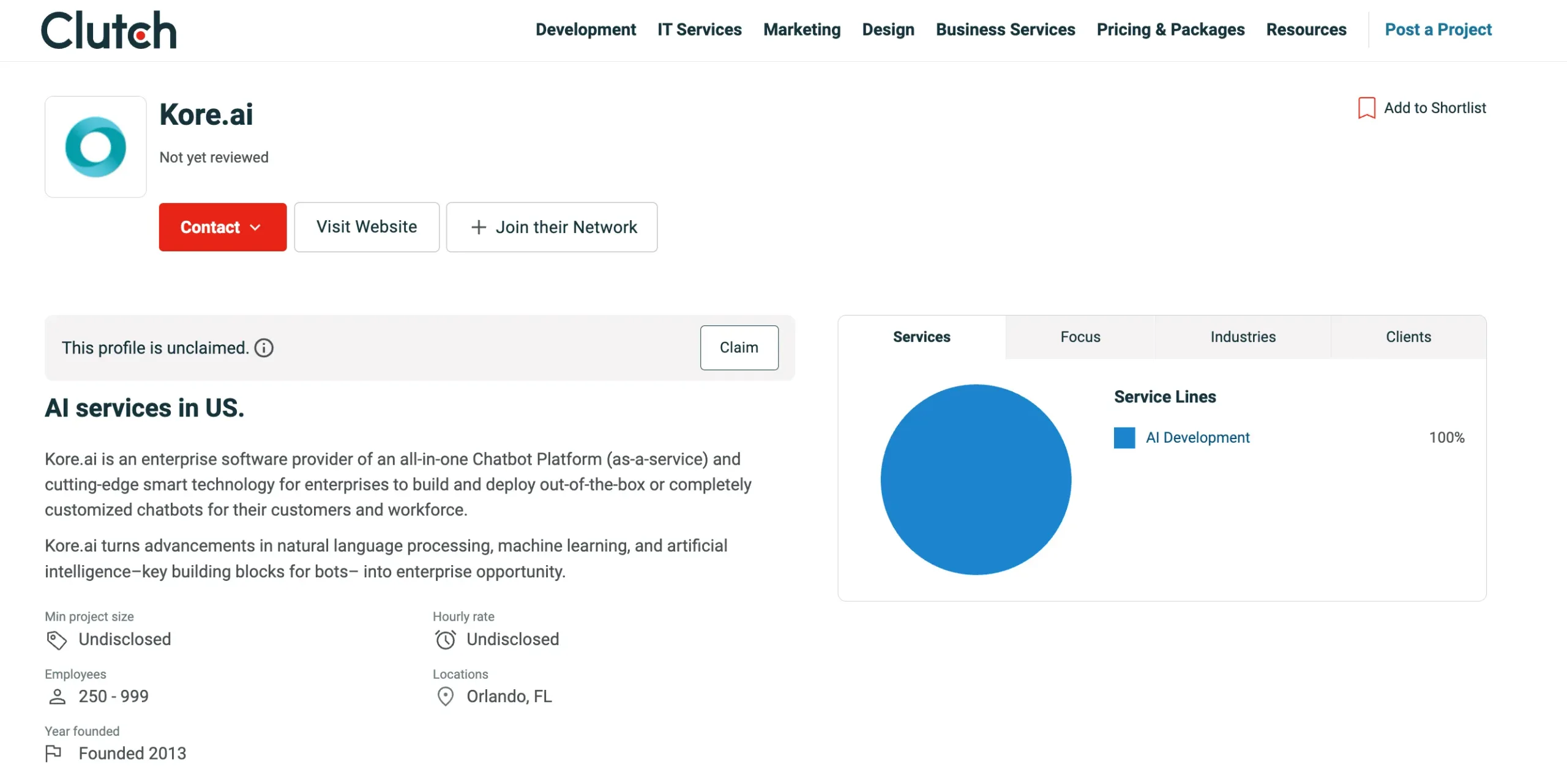 Kore.ai Clutch profile showcasing enterprise AI chatbot platform and conversational AI solutions