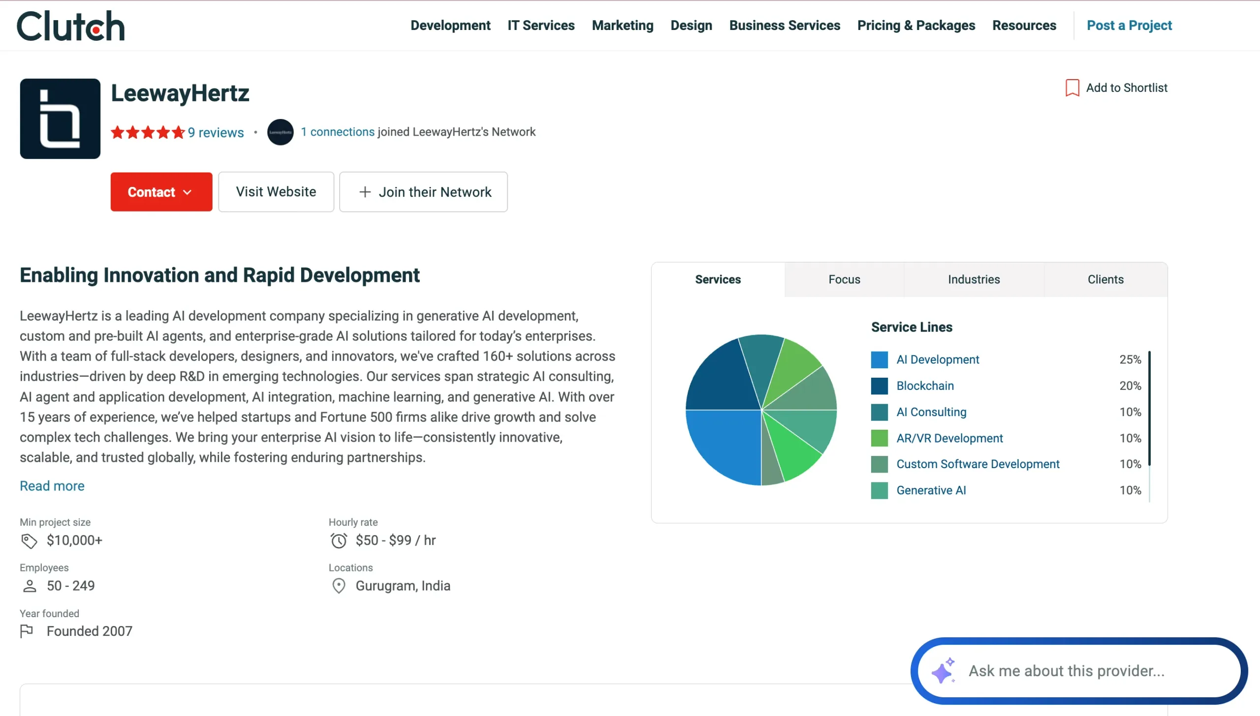 LeewayHertz Clutch profile showcasing enterprise AI integration, AI consulting, and system deployment capabilities