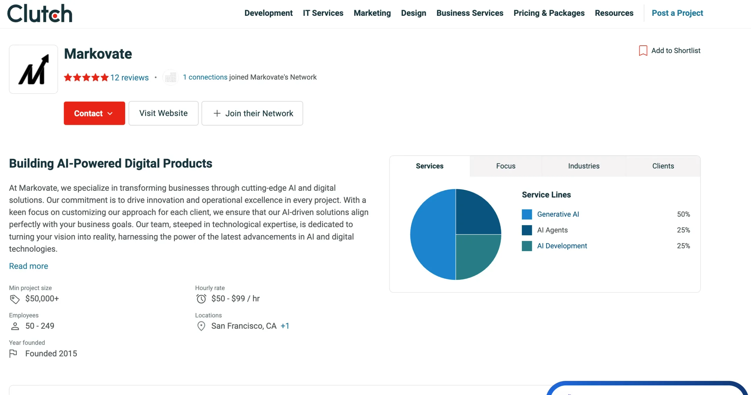 Markovate Clutch profile showcasing AI integration services, AI agents, and deployment of AI-powered business applications